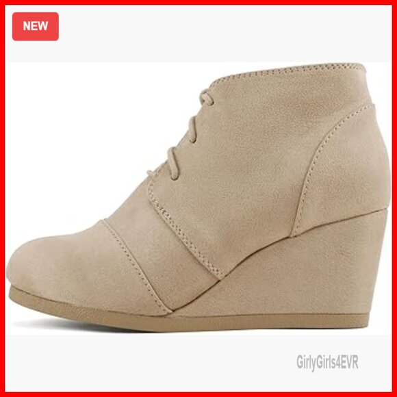 Lace Up Ankle Booties Low Wedge Rounded Toe Vegan Leather